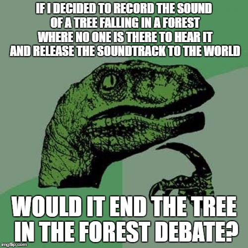 Philosoraptor Meme | IF I DECIDED TO RECORD THE SOUND OF A TREE FALLING IN A FOREST WHERE NO ONE IS THERE TO HEAR IT AND RELEASE THE SOUNDTRACK TO THE WORLD; WOULD IT END THE TREE IN THE FOREST DEBATE? | image tagged in memes,philosoraptor | made w/ Imgflip meme maker