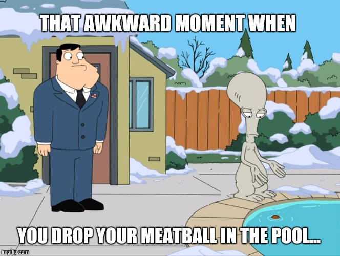Don't drop your meatball in the pool... | THAT AWKWARD MOMENT WHEN; YOU DROP YOUR MEATBALL IN THE POOL... | image tagged in i dropped my meatball in the pool,american dad,roger american dad,meatball,cartoon week,memes | made w/ Imgflip meme maker