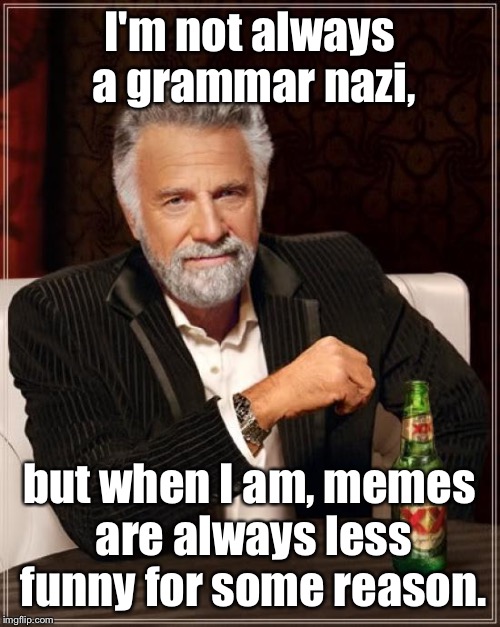 Grammar Nazi | I'm not always a grammar nazi, but when I am, memes are always less funny for some reason. | image tagged in memes,the most interesting man in the world,grammar nazi,funny,funny memes | made w/ Imgflip meme maker