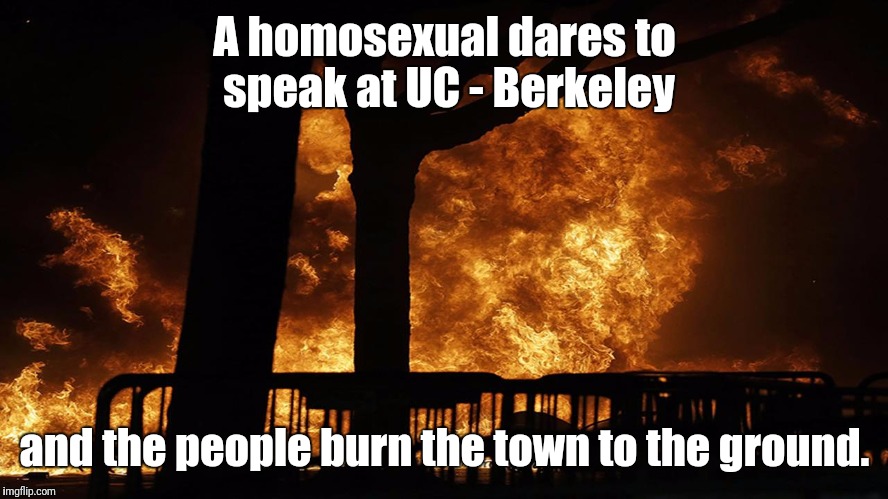 UC Berkeley Protest 1/2/17  | A homosexual dares to speak at UC - Berkeley; and the people burn the town to the ground. | image tagged in uc berkeley protest 1/2/17 | made w/ Imgflip meme maker