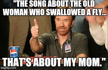 Chuck Norris Approves | "THE SONG ABOUT THE OLD WOMAN WHO SWALLOWED A FLY... THAT'S ABOUT MY MOM." | image tagged in memes,chuck norris approves,chuck norris | made w/ Imgflip meme maker