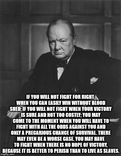 winston churchill | IF YOU WILL NOT FIGHT FOR RIGHT WHEN YOU CAN EASILY WIN WITHOUT BLOOD SHED; IF YOU WILL NOT FIGHT WHEN YOUR VICTORY IS SURE AND NOT TOO COSTLY; YOU MAY COME TO THE MOMENT WHEN YOU WILL HAVE TO FIGHT WITH ALL THE ODDS AGAINST YOU AND ONLY A PRECARIOUS CHANCE OF SURVIVAL. THERE MAY EVEN BE A WORSE CASE. YOU MAY HAVE TO FIGHT WHEN THERE IS NO HOPE OF VICTORY, BECAUSE IT IS BETTER TO PERISH THAN TO LIVE AS SLAVES. | image tagged in winston churchill | made w/ Imgflip meme maker