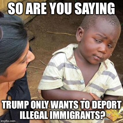 Third World Skeptical Kid Meme | SO ARE YOU SAYING TRUMP ONLY WANTS TO DEPORT ILLEGAL IMMIGRANTS? | image tagged in memes,third world skeptical kid | made w/ Imgflip meme maker