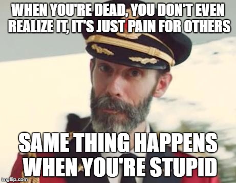 Captain Obvious | WHEN YOU'RE DEAD, YOU DON'T EVEN REALIZE IT, IT'S JUST PAIN FOR OTHERS; SAME THING HAPPENS WHEN YOU'RE STUPID | image tagged in captain obvious | made w/ Imgflip meme maker