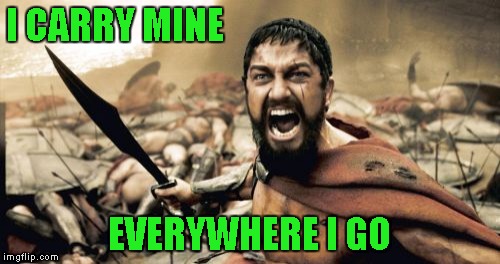 Sparta Leonidas Meme | I CARRY MINE EVERYWHERE I GO | image tagged in memes,sparta leonidas | made w/ Imgflip meme maker
