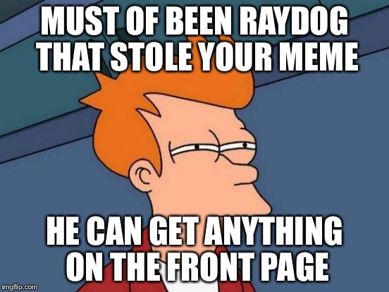 Futurama Fry Meme | MUST OF BEEN RAYDOG THAT STOLE YOUR MEME HE CAN GET ANYTHING ON THE FRONT PAGE | image tagged in memes,futurama fry | made w/ Imgflip meme maker