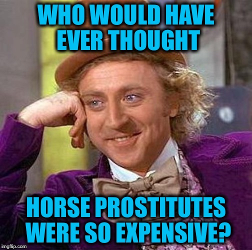 Creepy Condescending Wonka Meme | WHO WOULD HAVE EVER THOUGHT HORSE PROSTITUTES WERE SO EXPENSIVE? | image tagged in memes,creepy condescending wonka | made w/ Imgflip meme maker