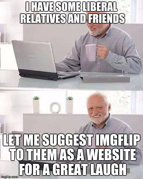 Hide the Pain Harold | I HAVE SOME LIBERAL RELATIVES AND FRIENDS; LET ME SUGGEST IMGFLIP TO THEM AS A WEBSITE FOR A GREAT LAUGH | image tagged in memes,hide the pain harold | made w/ Imgflip meme maker