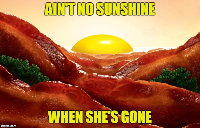 Rise and Shine.  Eggs and bacon are  best friends during Bacon Week, an IWantToBeBacon.com event | AIN'T NO SUNSHINE; WHEN SHE'S GONE | image tagged in memes,iwanttobebaconcom,bacon week,bacon and eggs | made w/ Imgflip meme maker