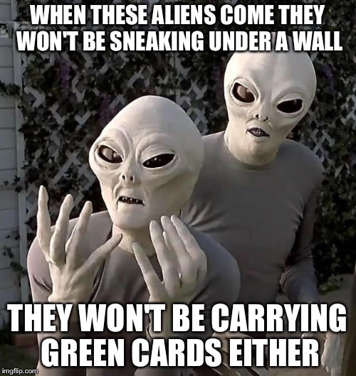 Frustrated Aliens | WHEN THESE ALIENS COME THEY WON'T BE SNEAKING UNDER A WALL; THEY WON'T BE CARRYING GREEN CARDS EITHER | image tagged in frustrated aliens | made w/ Imgflip meme maker