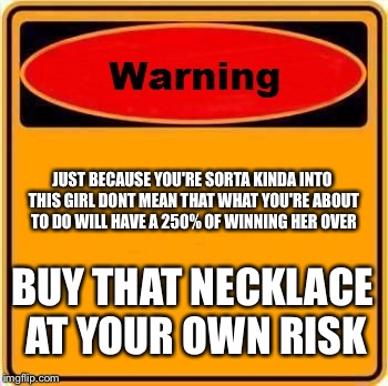 Warning Sign Meme | JUST BECAUSE YOU'RE SORTA KINDA INTO THIS GIRL DONT MEAN THAT WHAT YOU'RE ABOUT TO DO WILL HAVE A 250% OF WINNING HER OVER; BUY THAT NECKLACE AT YOUR OWN RISK | image tagged in memes,warning sign | made w/ Imgflip meme maker