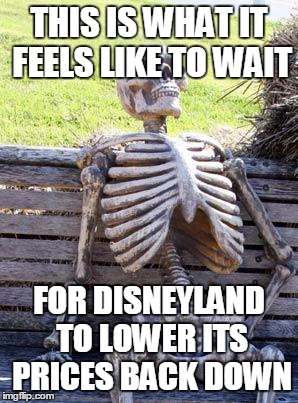 Never Is An Awfully Long Time | THIS IS WHAT IT FEELS LIKE TO WAIT; FOR DISNEYLAND TO LOWER ITS PRICES BACK DOWN | image tagged in memes,waiting skeleton | made w/ Imgflip meme maker