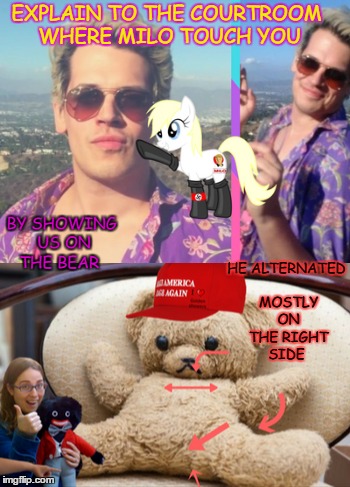 "Milo is Alt/gay" | EXPLAIN TO THE COURTROOM WHERE MILO TOUCH YOU; HE ALTERNATED MOSTLY ON THE RIGHT SIDE; BY SHOWING US ON THE BEAR | image tagged in touch me,milo yiannopoulos,brony,altright | made w/ Imgflip meme maker