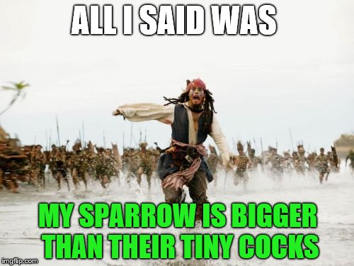 Jack Sparrow Show Them The Bird | ALL I SAID WAS; MY SPARROW IS BIGGER THAN THEIR TINY COCKS | image tagged in memes,jack sparrow being chased | made w/ Imgflip meme maker
