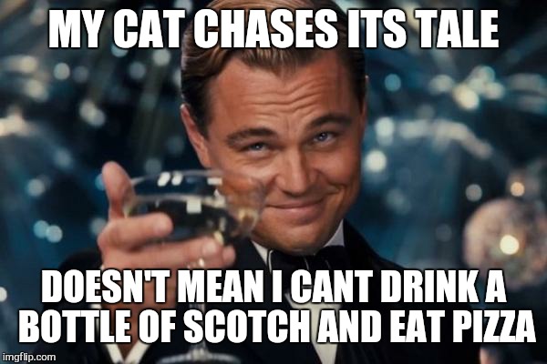 Leonardo Dicaprio Cheers Meme | MY CAT CHASES ITS TALE DOESN'T MEAN I CANT DRINK A BOTTLE OF SCOTCH AND EAT PIZZA | image tagged in memes,leonardo dicaprio cheers | made w/ Imgflip meme maker