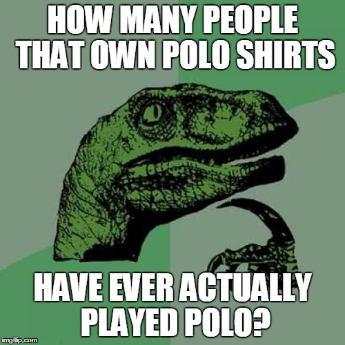 Not me! | HOW MANY PEOPLE THAT OWN POLO SHIRTS; HAVE EVER ACTUALLY PLAYED POLO? | image tagged in memes,philosoraptor,polo shirt,polo | made w/ Imgflip meme maker