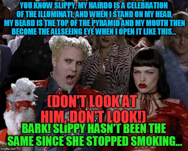Illuminati loudmouth | YOU KNOW SLIPPY, MY HAIRDO IS A CELEBRATION OF THE ILLUMINATI, AND WHEN I STAND ON MY HEAD, MY BEARD IS THE TOP OF THE PYRAMID AND MY MOUTH THEN BECOME THE ALLSEEING EYE WHEN I OPEN IT LIKE THIS... (DON'T LOOK AT HIM, DON'T LOOK!); BARK! SLIPPY HASN'T BEEN THE SAME SINCE SHE STOPPED SMOKING... | image tagged in slippy,slappy,fluffyknob the iii,illuminati,illuminati hairdoo | made w/ Imgflip meme maker