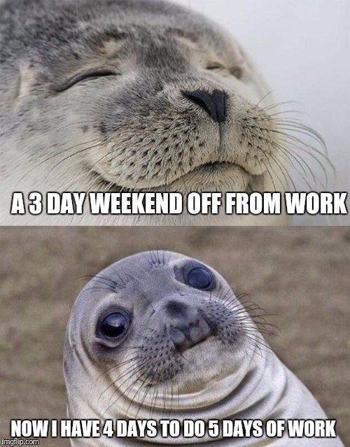 It's almost not worth it... | A 3 DAY WEEKEND OFF FROM WORK; NOW I HAVE 4 DAYS TO DO 5 DAYS OF WORK | image tagged in memes,short satisfaction vs truth | made w/ Imgflip meme maker