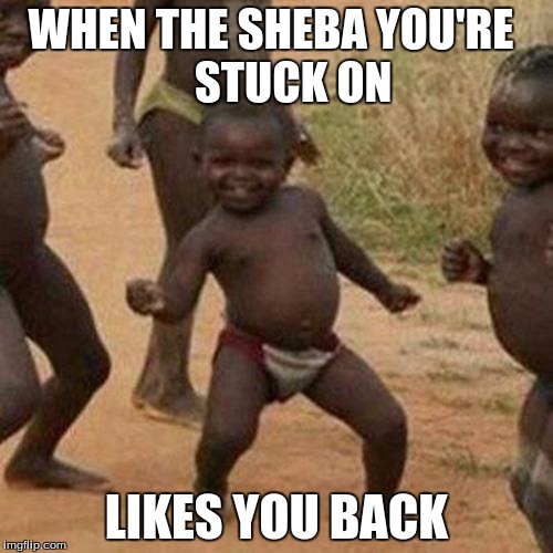 Third World Success Kid Meme | WHEN THE SHEBA YOU'RE 




STUCK ON; LIKES YOU BACK | image tagged in memes,third world success kid | made w/ Imgflip meme maker
