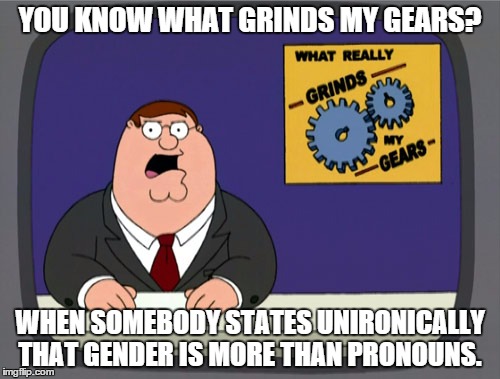 Peter Griffin News Meme | YOU KNOW WHAT GRINDS MY GEARS? WHEN SOMEBODY STATES UNIRONICALLY THAT GENDER IS MORE THAN PRONOUNS. | image tagged in memes,peter griffin news | made w/ Imgflip meme maker