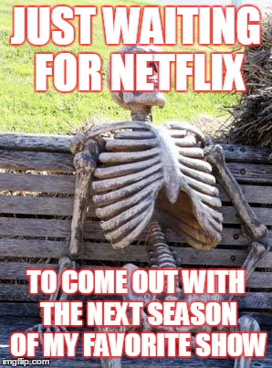 Waiting Skeleton Meme | JUST WAITING FOR NETFLIX; TO COME OUT WITH THE NEXT SEASON OF MY FAVORITE SHOW | image tagged in memes,waiting skeleton | made w/ Imgflip meme maker