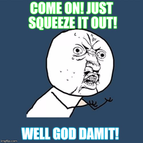 Y U No | COME ON! JUST SQUEEZE IT OUT! WELL GOD DAMIT! | image tagged in memes,y u no | made w/ Imgflip meme maker