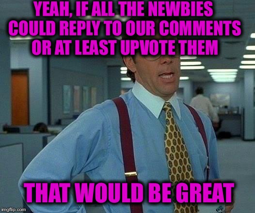 Sometimes a person just needs to be told:) | YEAH, IF ALL THE NEWBIES COULD REPLY TO OUR COMMENTS OR AT LEAST UPVOTE THEM; THAT WOULD BE GREAT | image tagged in memes,that would be great | made w/ Imgflip meme maker