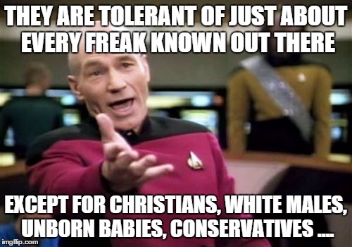 Picard Wtf Meme | THEY ARE TOLERANT OF JUST ABOUT EVERY FREAK KNOWN OUT THERE EXCEPT FOR CHRISTIANS, WHITE MALES, UNBORN BABIES, CONSERVATIVES .... | image tagged in memes,picard wtf | made w/ Imgflip meme maker