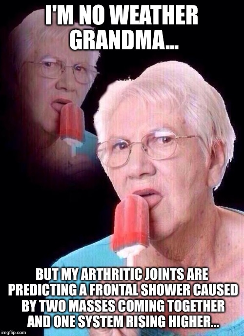 salty grandma | I'M NO WEATHER GRANDMA... BUT MY ARTHRITIC JOINTS ARE PREDICTING A FRONTAL SHOWER CAUSED BY TWO MASSES COMING TOGETHER AND ONE SYSTEM RISING HIGHER... | image tagged in salty grandma,memes | made w/ Imgflip meme maker