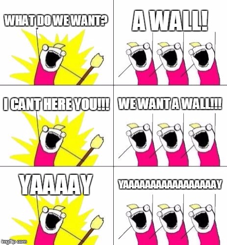 What Do We Want 3 | WHAT DO WE WANT? A WALL! I CANT HERE YOU!!! WE WANT A WALL!!! YAAAAY; YAAAAAAAAAAAAAAAAAY | image tagged in memes,what do we want 3 | made w/ Imgflip meme maker