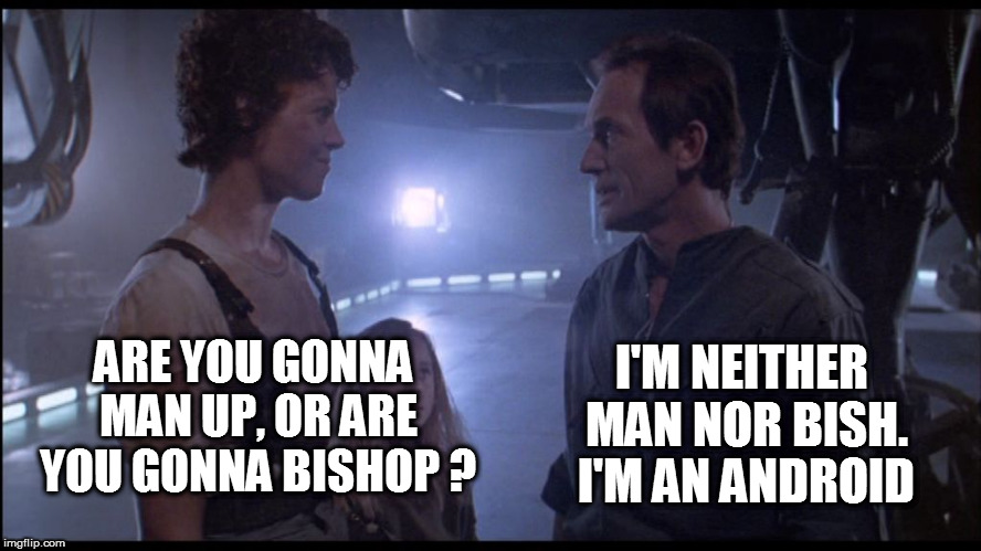 I'M NEITHER MAN NOR BISH. I'M AN ANDROID; ARE YOU GONNA MAN UP, OR ARE YOU GONNA BISHOP ? | image tagged in bishop,aliens,alien,ripley,bitch,android | made w/ Imgflip meme maker