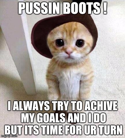 Cute Cat | PUSSIN BOOTS ! I ALWAYS TRY TO ACHIVE MY GOALS AND I DO BUT ITS TIME FOR UR TURN | image tagged in cute cat | made w/ Imgflip meme maker