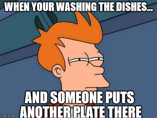Futurama Fry | WHEN YOUR WASHING THE DISHES... AND SOMEONE PUTS ANOTHER PLATE THERE | image tagged in memes,futurama fry | made w/ Imgflip meme maker