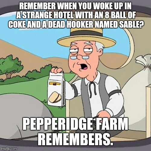 Pepperidge Farm Remembers Meme | REMEMBER WHEN YOU WOKE UP IN A STRANGE HOTEL WITH AN 8 BALL OF COKE AND A DEAD HOOKER NAMED SABLE? PEPPERIDGE FARM REMEMBERS. | image tagged in memes,pepperidge farm remembers | made w/ Imgflip meme maker