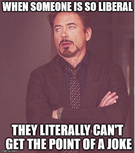 Alt-version | WHEN SOMEONE IS SO LIBERAL; THEY LITERALLY CAN'T GET THE POINT OF A JOKE | image tagged in memes,face you make robert downey jr | made w/ Imgflip meme maker