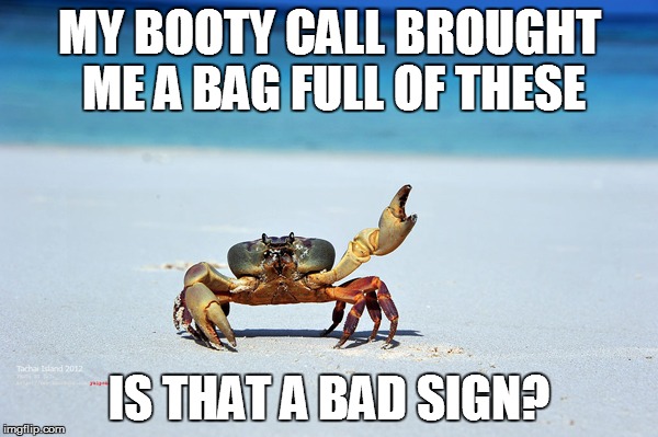I don't even like seafood... | MY BOOTY CALL BROUGHT ME A BAG FULL OF THESE; IS THAT A BAD SIGN? | image tagged in memes,crabs | made w/ Imgflip meme maker