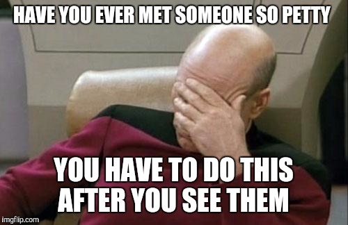 Captain Picard Facepalm | HAVE YOU EVER MET SOMEONE SO PETTY; YOU HAVE TO DO THIS AFTER YOU SEE THEM | image tagged in memes,captain picard facepalm | made w/ Imgflip meme maker
