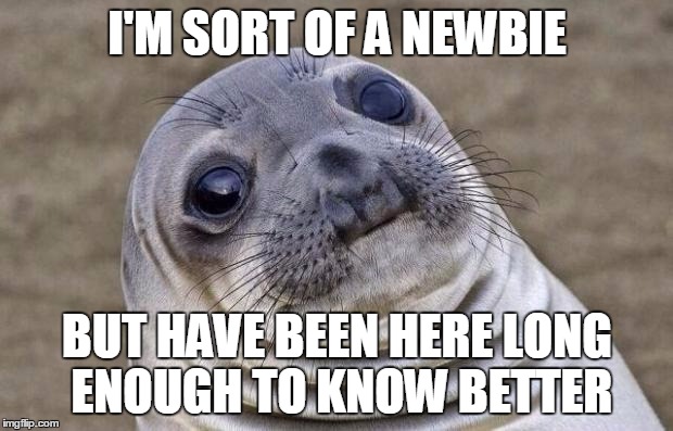 Awkward Moment Sealion Meme | I'M SORT OF A NEWBIE BUT HAVE BEEN HERE LONG ENOUGH TO KNOW BETTER | image tagged in memes,awkward moment sealion | made w/ Imgflip meme maker
