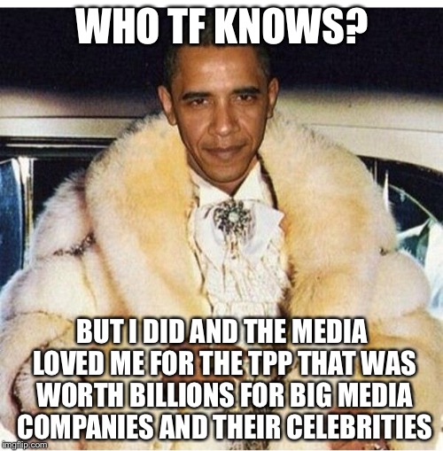 Pimp Daddy Obama | WHO TF KNOWS? BUT I DID AND THE MEDIA LOVED ME FOR THE TPP THAT WAS WORTH BILLIONS FOR BIG MEDIA COMPANIES AND THEIR CELEBRITIES | image tagged in pimp daddy obama | made w/ Imgflip meme maker