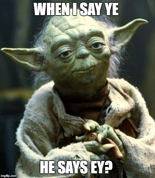 Star Wars Yoda Meme | WHEN I SAY YE; HE SAYS EY? | image tagged in memes,star wars yoda | made w/ Imgflip meme maker