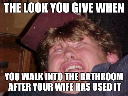 Every married, or divorced, man can attest to this | THE LOOK YOU GIVE WHEN; YOU WALK INTO THE BATHROOM AFTER YOUR WIFE HAS USED IT | image tagged in memes,wtf,stinky bathroom | made w/ Imgflip meme maker