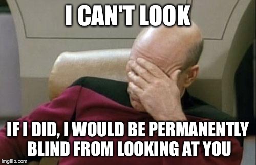 Captain Picard Facepalm | I CAN'T LOOK; IF I DID, I WOULD BE PERMANENTLY BLIND FROM LOOKING AT YOU | image tagged in memes,captain picard facepalm | made w/ Imgflip meme maker