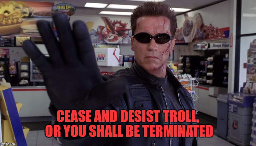Terminator - Talk To The Hand | CEASE AND DESIST TROLL, OR YOU SHALL BE TERMINATED | image tagged in terminator - talk to the hand | made w/ Imgflip meme maker