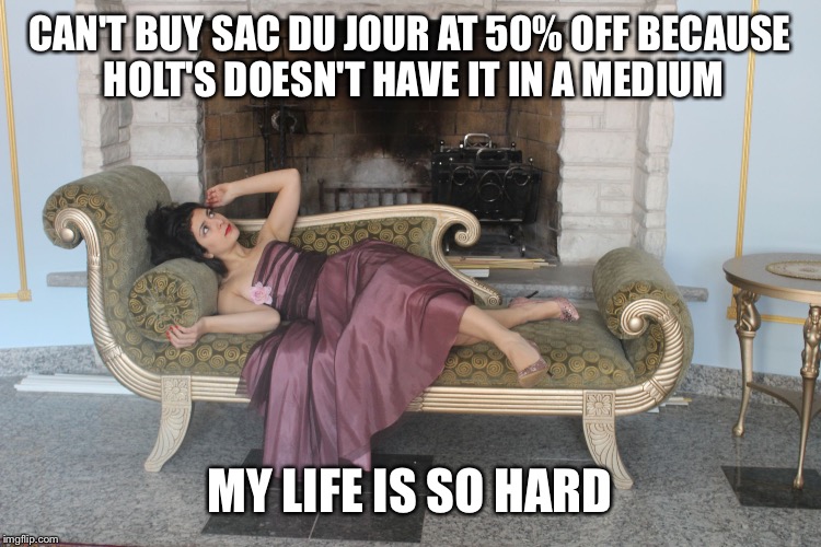 1% girl | CAN'T BUY SAC DU JOUR AT 50% OFF BECAUSE HOLT'S DOESN'T HAVE IT IN A MEDIUM; MY LIFE IS SO HARD | image tagged in 1 girl | made w/ Imgflip meme maker