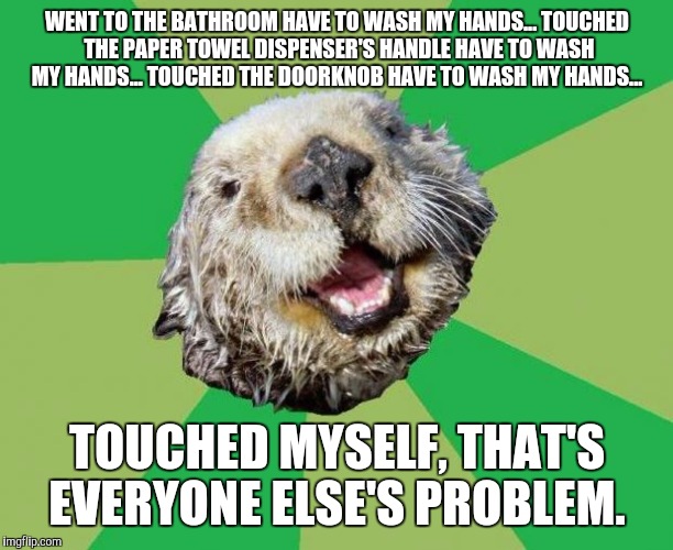 OCD Otter | WENT TO THE BATHROOM HAVE TO WASH MY HANDS... TOUCHED THE PAPER TOWEL DISPENSER'S HANDLE HAVE TO WASH MY HANDS... TOUCHED THE DOORKNOB HAVE TO WASH MY HANDS... TOUCHED MYSELF, THAT'S EVERYONE ELSE'S PROBLEM. | image tagged in ocd otter,memes | made w/ Imgflip meme maker
