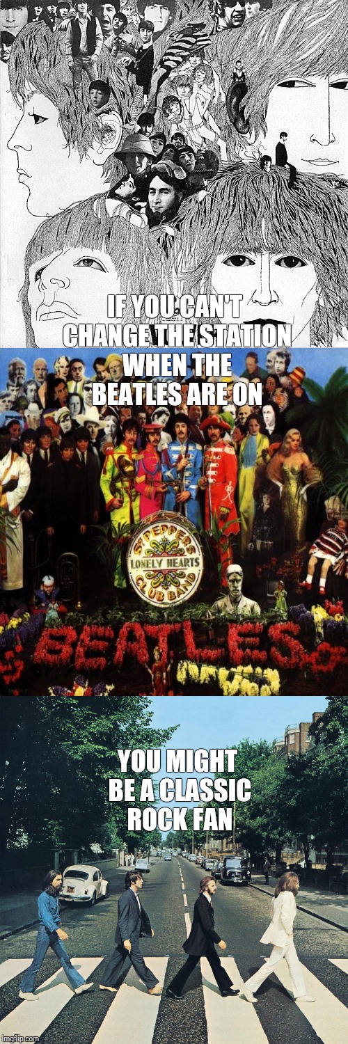 The first time I heard these , I fell off my dinosaur ! | IF YOU CAN'T CHANGE THE STATION WHEN THE BEATLES ARE ON; YOU MIGHT BE A CLASSIC ROCK FAN | image tagged in beatles | made w/ Imgflip meme maker