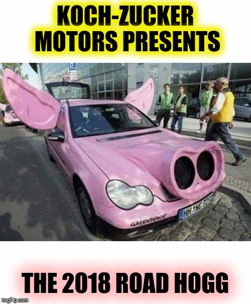It's a gas hog | KOCH-ZUCKER MOTORS PRESENTS; THE 2018 ROAD HOGG | image tagged in strange cars,cuz cars,pig car | made w/ Imgflip meme maker