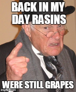 Back In My Day Meme | BACK IN MY DAY RASINS; WERE STILL GRAPES | image tagged in memes,back in my day | made w/ Imgflip meme maker