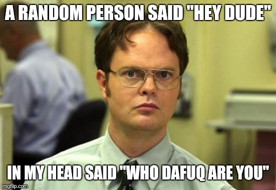 Dwight Schrute Meme | A RANDOM PERSON SAID "HEY DUDE"; IN MY HEAD SAID "WHO DAFUQ ARE YOU" | image tagged in memes,dwight schrute | made w/ Imgflip meme maker