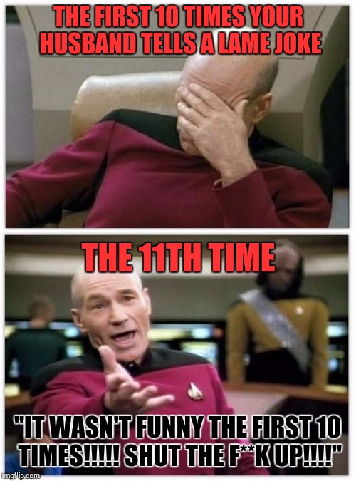 Picard frustrated | THE FIRST 10 TIMES YOUR HUSBAND TELLS A LAME JOKE; THE 11TH TIME; "IT WASN'T FUNNY THE FIRST 10 TIMES!!!!! SHUT THE F**K UP!!!!" | image tagged in picard frustrated | made w/ Imgflip meme maker